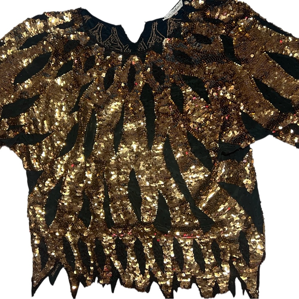 Sequin Gold and Black silk vintage Top M